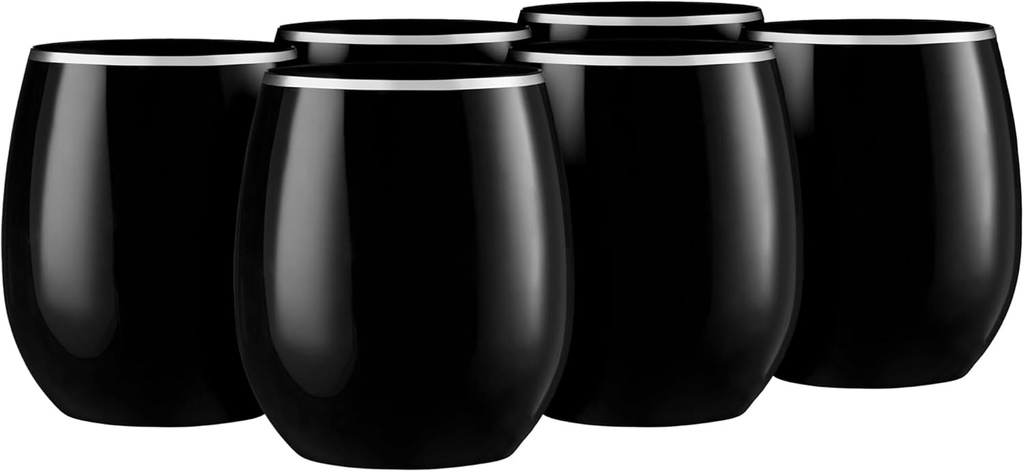 Decorline Elegant Black with Silver Rim Stemless Wine Goblets - 12 oz (Set of 6), Plastic & Party-Ready Glassware, Perfect for Celebrations & Chic Gatherings