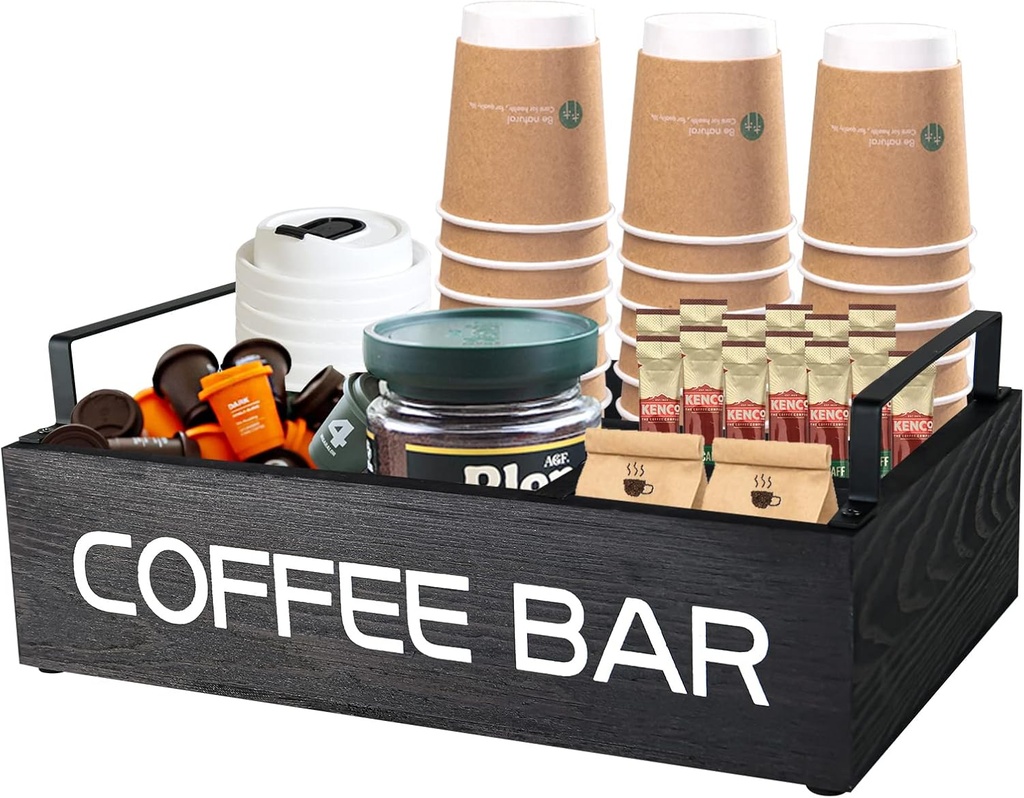 Countertop Coffee Station Organizer - Farmhouse Coffee Accessories & Organizer, Wooden Coffee Caddy and Storage