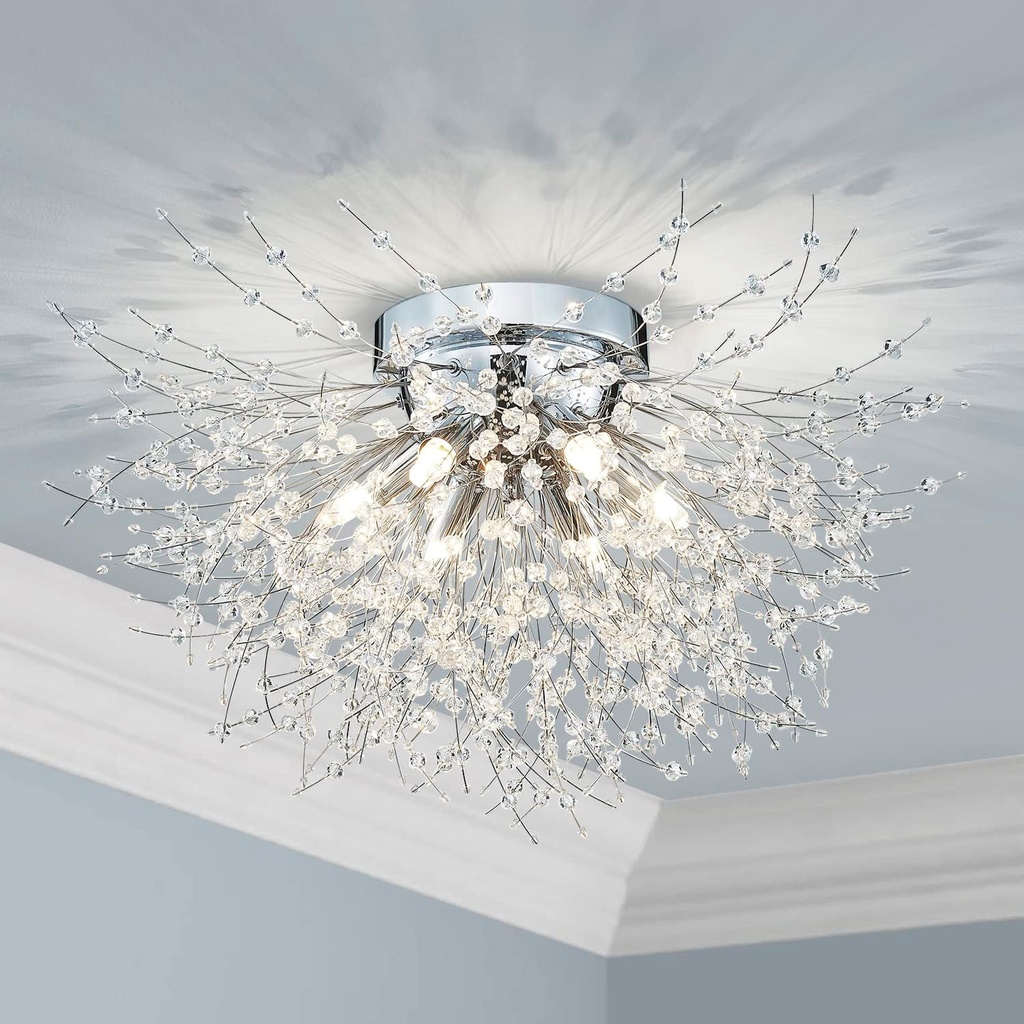 AGV LIGHTING CL023C Crystal Ceiling Light, Close to Ceiling Flushmount Light Fixture, Firework Design Dandelion Shape, 6-Lights, D18 x H10, Chrome Finish