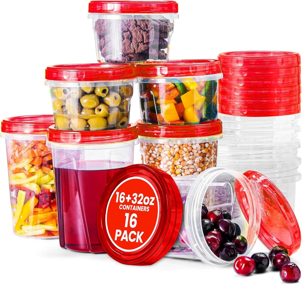 RFAQK 16 PCS Freezer Storage Containers-[16 * 32 & 16 oz] Plastic Food Storage Containers with Twist Top Lids-Leakproof Jars-Deli Container Stackable Meal Prep Reusable Box for Lunch,Soup,Oats,Gym