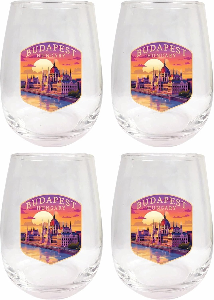 R and R Imports Budapest Hungary Parliament Building Design Souvenir 15 oz Stemless Wine Glass 4-Pack