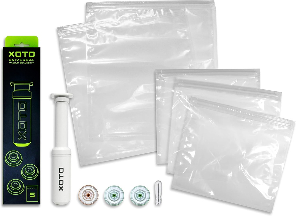 XOTO Universal Vacuum Sealing Hand-Pump Kit Including Reusable Valves & Storage Bags