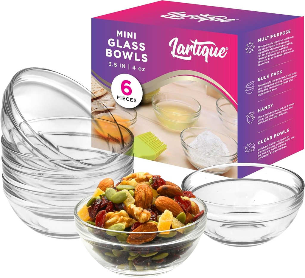Mini 3.5 Inch Clear Glass Bowls - Set of 6, Modern Glass, Meal Prep or Dessert Bowls, Microwave & Dishwasher Safe