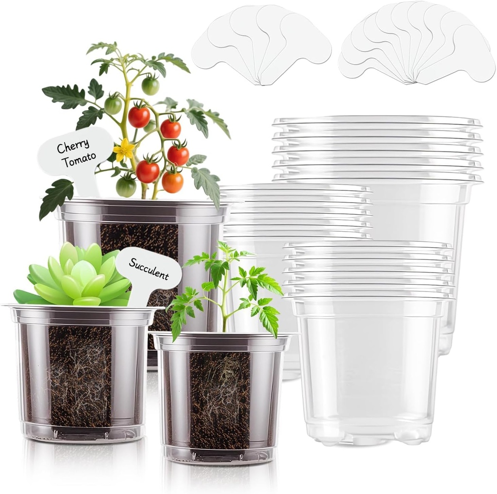 SupKing Clear Nursery Pots 5/4/3.5 Inch Plastic Seed Starter Plant Flower Pot with Drainage Holes for Transplanting Succulents Cuttings Seedlings 15 Labels (12Pcs)