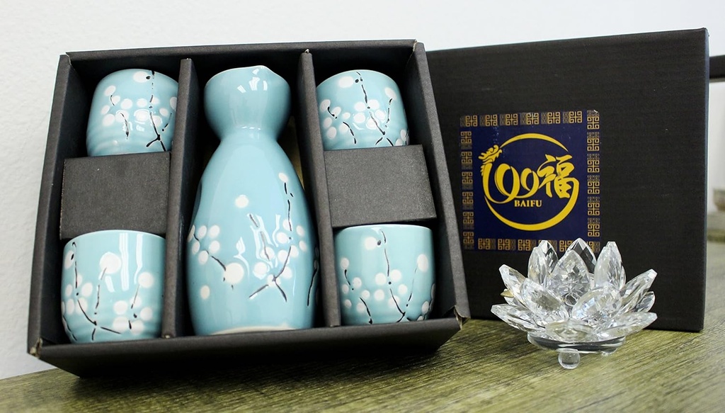 Blue Winter Flower Japanese flower Porcelain Sake Set with 4 Cups 1 Decanter / Bottle / Carafe
