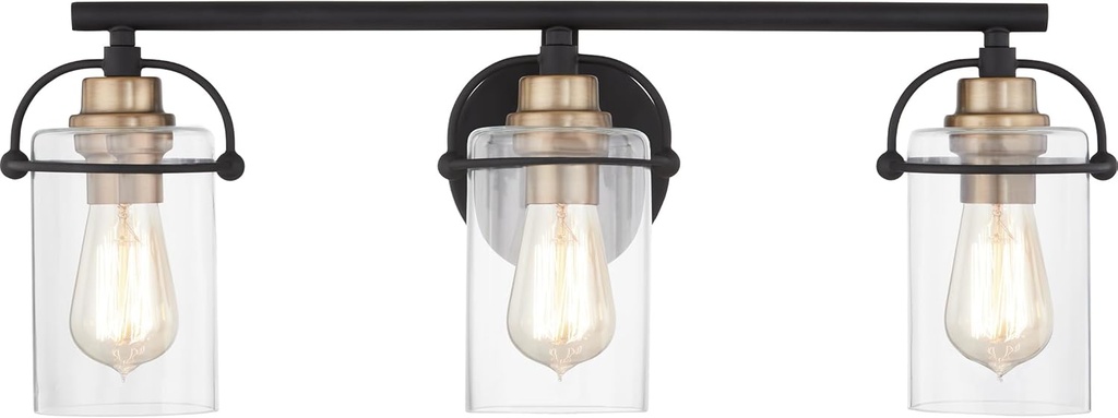 Quoizel Emerson Bath Vanity Lights, 24 Inch 3-Light Matte Black Bathroom Lighting Fixtures Over Mirror, Clear Glass Shades, Transitional Wall Mount Light for Bathroom