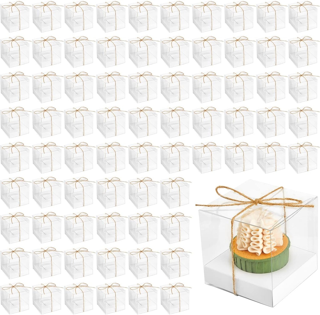 96 Pieces Individual Cupcake Boxes Single Cupcake Container Clear Cupcake Carrier Plastic Cupcake Storage Cupcake Holder with Ribbon and Insert for Wedding Birthday Party Favor, 3.5 x 3.5 x 3.5(White)