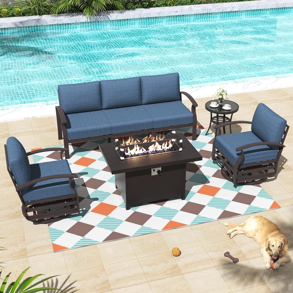 ALAULM Aluminum Patio Furniture Set with Propane Fire Pit Table 5-seat Metal Outdoor Furniture w/Fire Pit Patio Sectional Sofas w/5.3" Cushions for Patio, Backyard, Poolside-Dark Blue