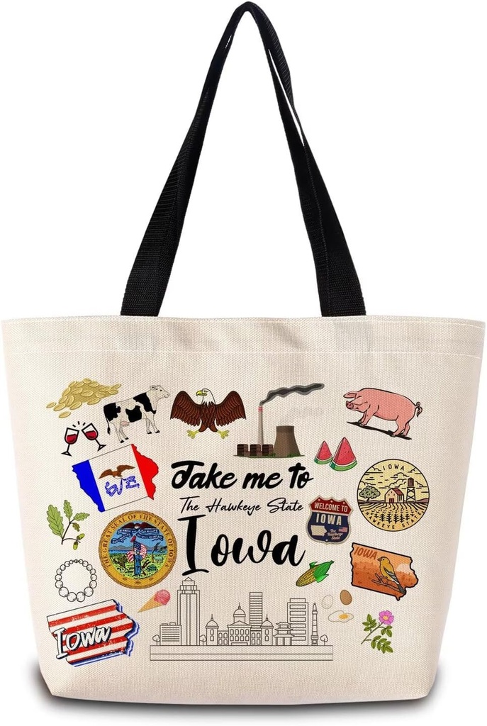 Take Me To Iowa Tote Bag Reusable Grocery Bags Aesthetic Shopping Shoulder Handbag with Interior Pocket Lightweight & Washable Stylish Iowa Travel Present for Women
