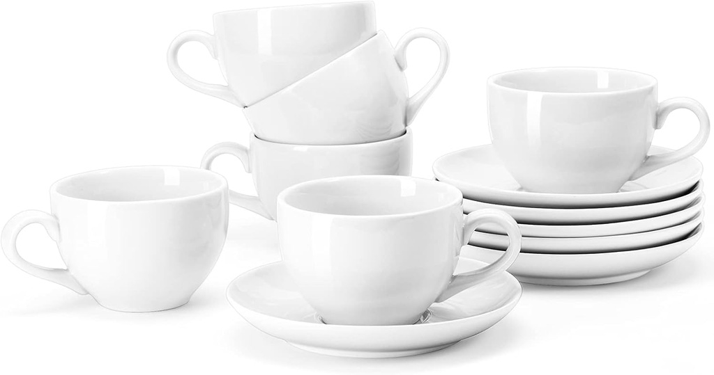 Yedio Porcelain Coffee Cups Set with Saucer, 6 Ounce White Porcelain Cup and Saucer Set for Cappuccino, Coffee Latte, Coffee drinks and Tea, Set of 6