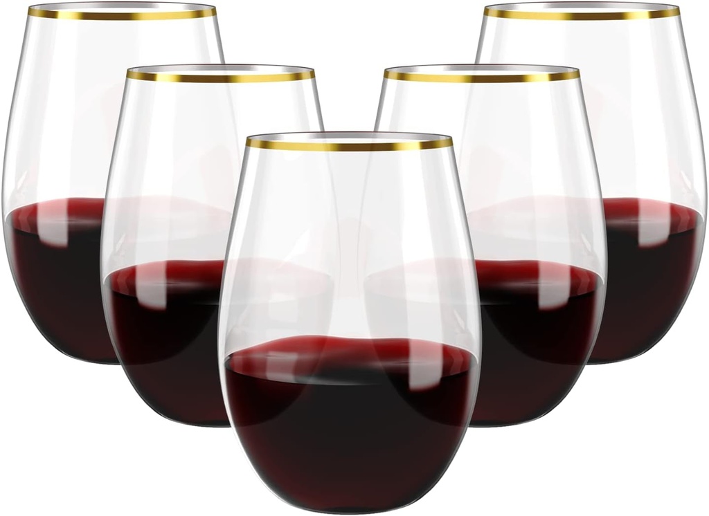 FOCUSLINE 20pcs 16 Oz Plastic Wine Glasses, Stemless Gold Rim, Heavy Duty Disposable Drinking Cups, Reusable Shatterproof for Party & Wedding