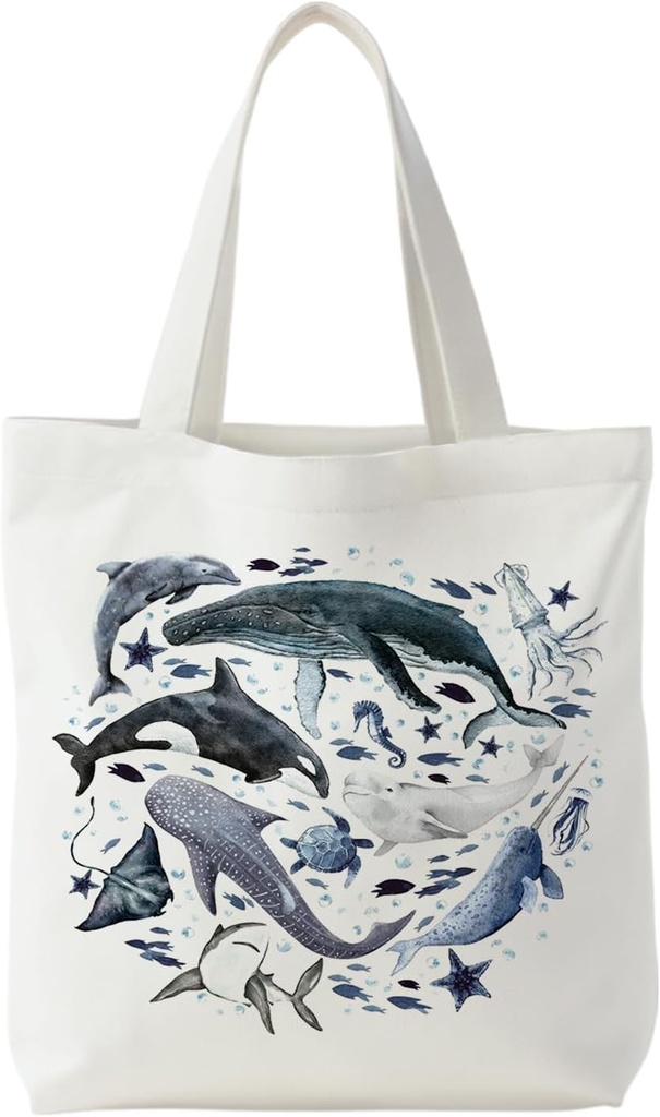 Ocean Beach Tote Bag for Women, Nautical Beachy Canvas Tote Bag, Ocean Lover Gifts, Marine Biology Sea Animal Reusable Shopping Grocery Bags