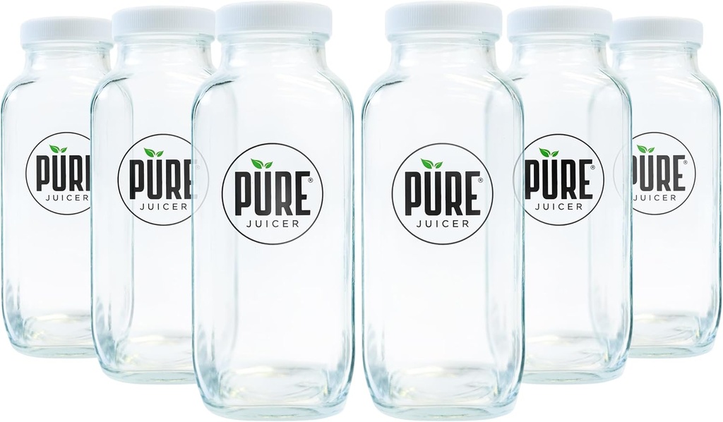 PURE Glass Jars Set - 6 pc Glass Containers with Lids - 500mL/17oz Glass Water Bottles - Reusable Storage Jars or Glass Bottles for Juicing