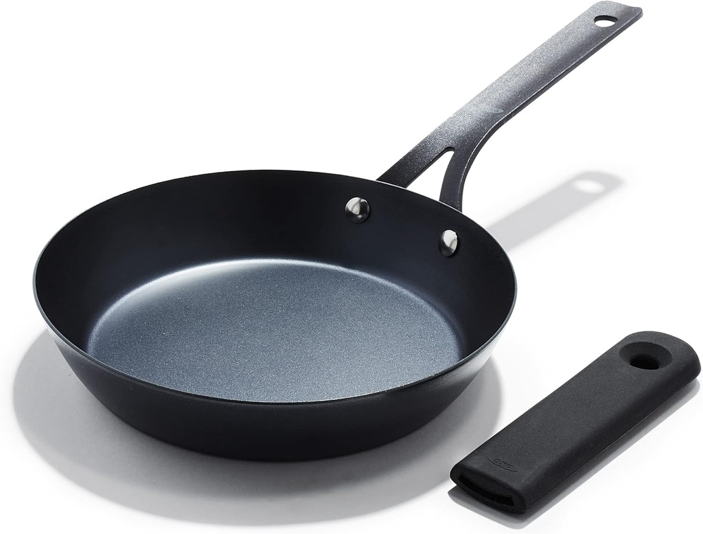 OXO Obsidian Pre-Seasoned Carbon Steel, 8" Frying Pan Skillet with Removable Silicone Handle Holder, Induction, Oven Safe, 1.8 Liters, Black