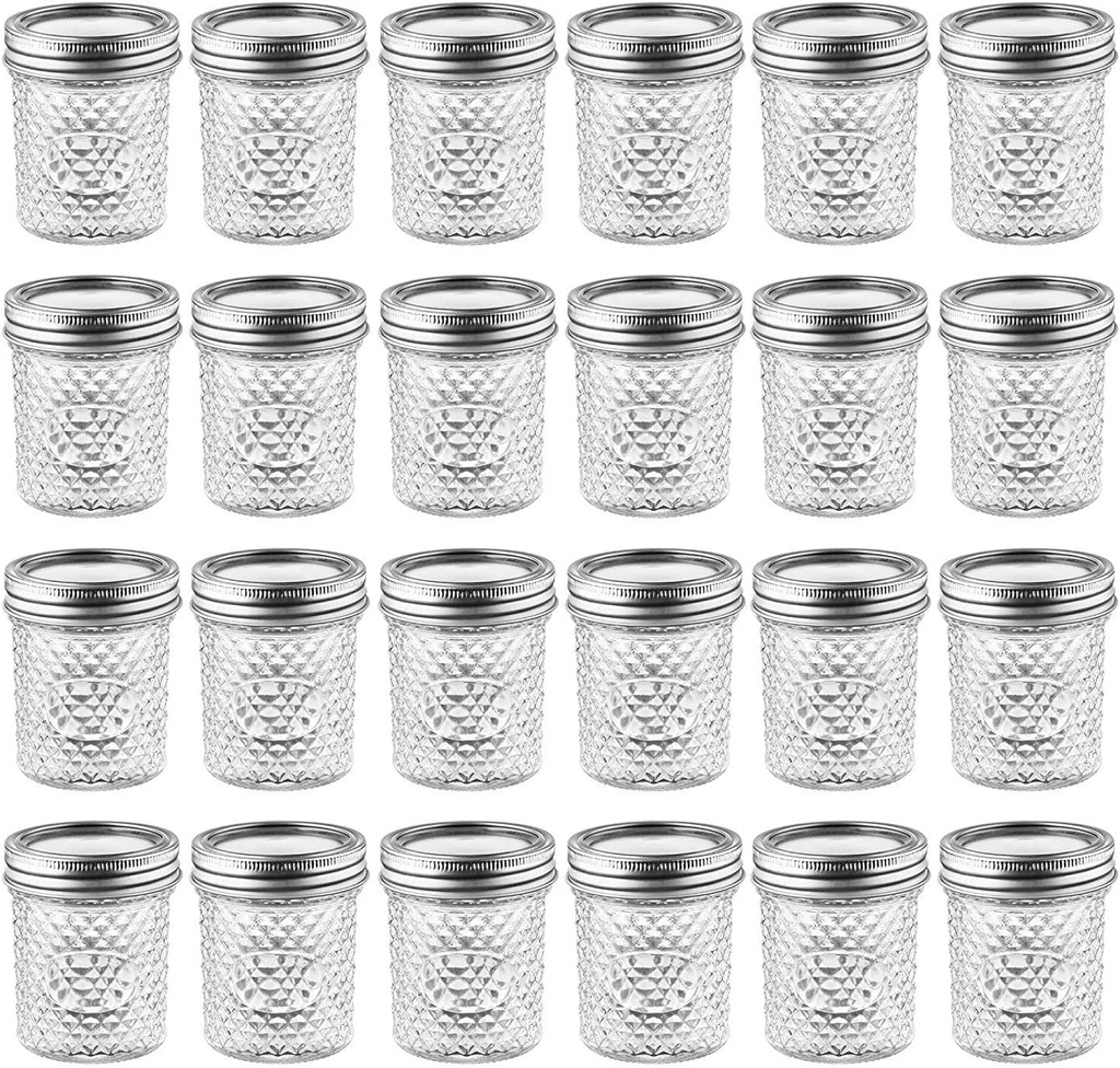 Mason Jars with Glass Lids 6 oz - Nellam Small Canning Jelly Jar Wide Mouth in Quilted Crystal for Airtight Kitchen Storage, Baby Food, Party Favors - Freezer & Microwave Safe - Set of 24, Silver