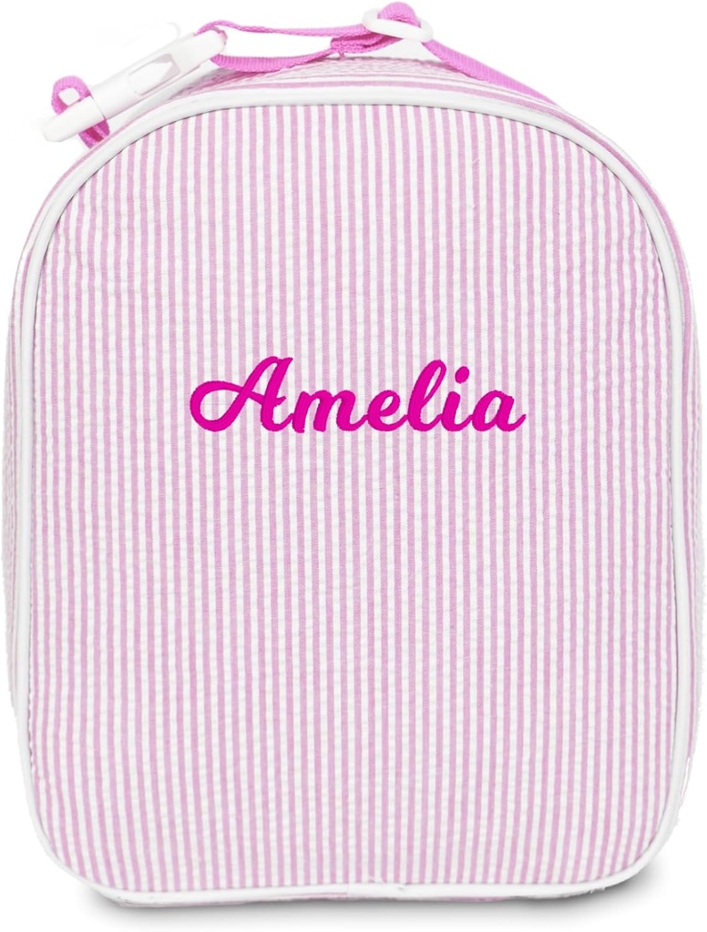 MT WORLD Personalized Lunch Bag Tote Custom Embroidery Name Reusable Seersucker Stripe Pattern Insulated Lunch Box