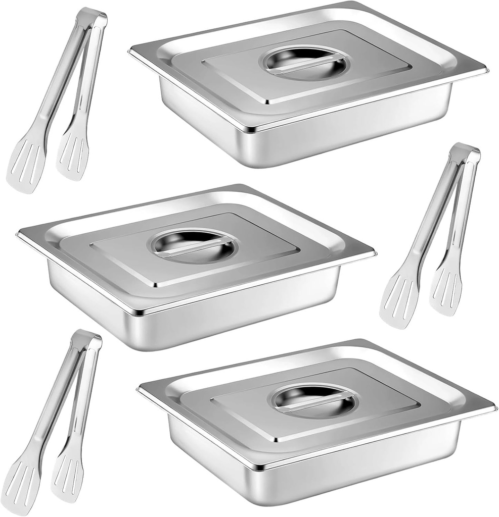 3 Pack Hotel Pans Half Size 2.5 inch Deep, Steam Table Pan with Lid and Tong, Stainless Steel Anti Jam Steam Table Pans, Commercial Catering Food Pan