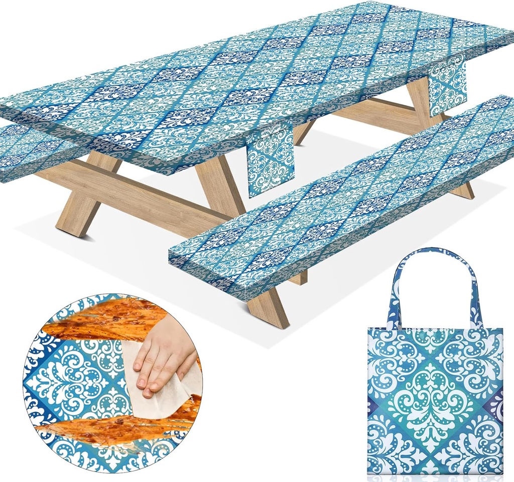 6Ft Picnic Table Cover with Bench Covers 72×30 Inches Fitted Outdoors Stain Resistant Camp Tableclothes Glamping Furniture Essentials for Tent Rv Camper Camping Organizers Gifts Blue Boho