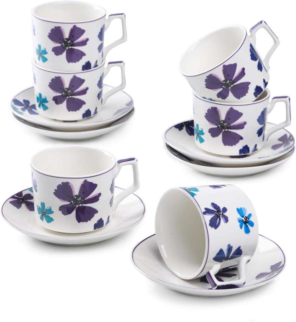 GuangYang 7oz Tea Cups set of 6, Fancy Color Flowers Design (Durable Porcelain for Hot Tea, Coffee, Latte,Small Macchiato, Cappuccino, Chocolate Drinks and Party)