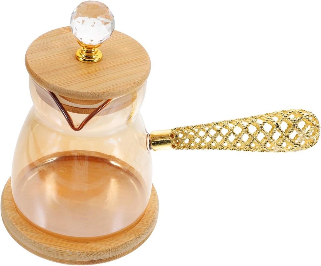 PRETYZOOM Gold Turkish Coffee Kettle Glass Teapot with Long Handle Side Pour Spout Manual Coffee Heatproof Handle Compact Dishwasher Safe Beverage Server for Home and Camping