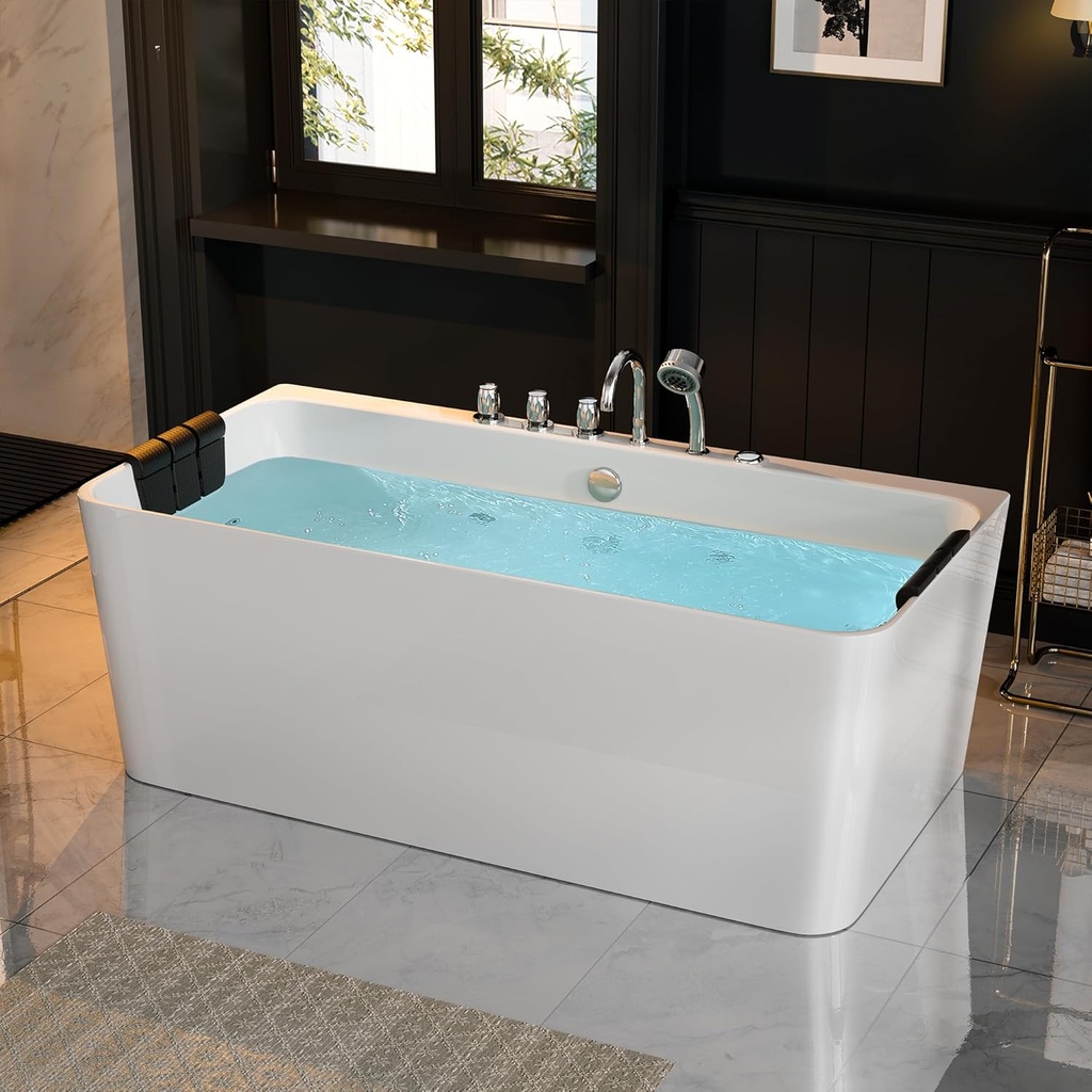 Whirlpool Bathtub 67 in. Acrylic Freestanding Bath Tub Hydromassage Gracefully Rectangle Shaped 8 Water Jets Soaking SPA, Double-Ended Massage Bathtubs with Black Pillows , White