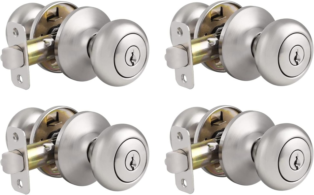 Probrico Keyed Door Knobs with Same Key, 4 Pack Door Lock Keyed Alike, Brushed Nickel Finish, Modern Entrance Exterior Door Lockset
