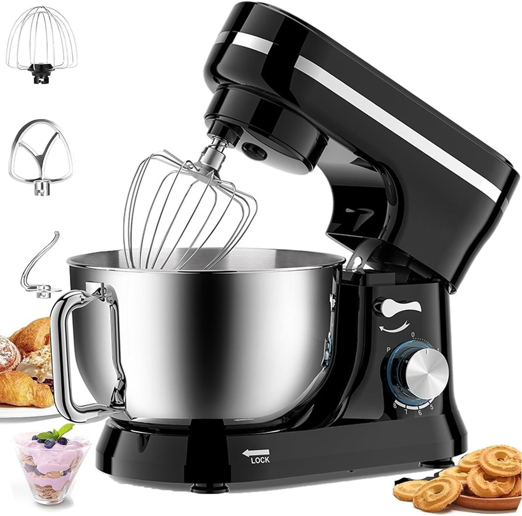 Small Stand Mixer, 5QT Stainless Steel Food Mixer, 8 Speed Kitchen Electric Mixer Tilt-Head Mixer with Bowl, Dough Hook, Beater, Whisk,Black