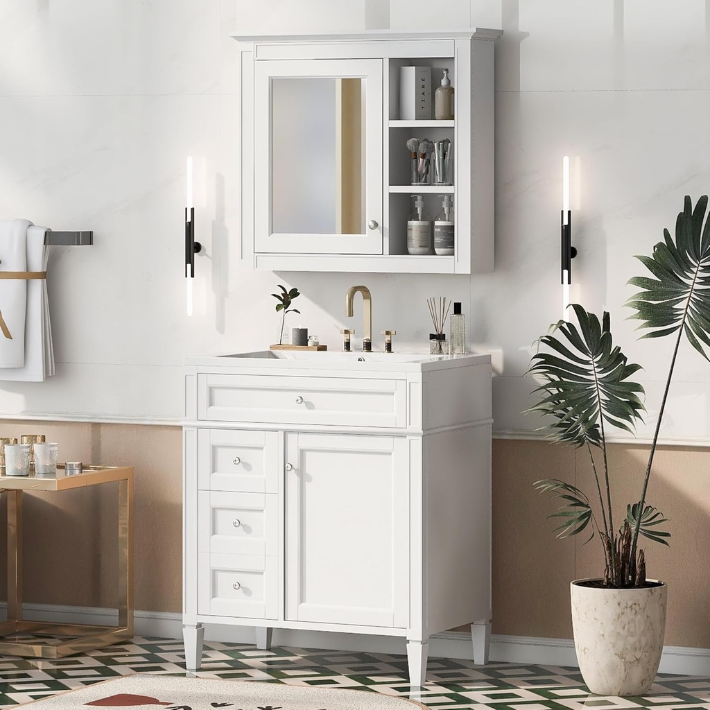 Marzzi 30" Bathroom Vanity Set with Matching Mirror Cabinet, Modern Single Sink Bathroom Vanity with Storage Cabinet, 2 Drawers & Tip-Out Drawer, Medicine Cabinet, Solid Wood Frame