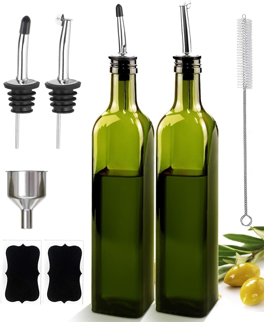 17oz Olive Oil Dispenser Bottle, 500ml Oil & Vinegar Cruet with 2 Stainless Steel Pourers, 2 Labels,1 Brush and 1 Funnel for Kitchen (12.4inch)