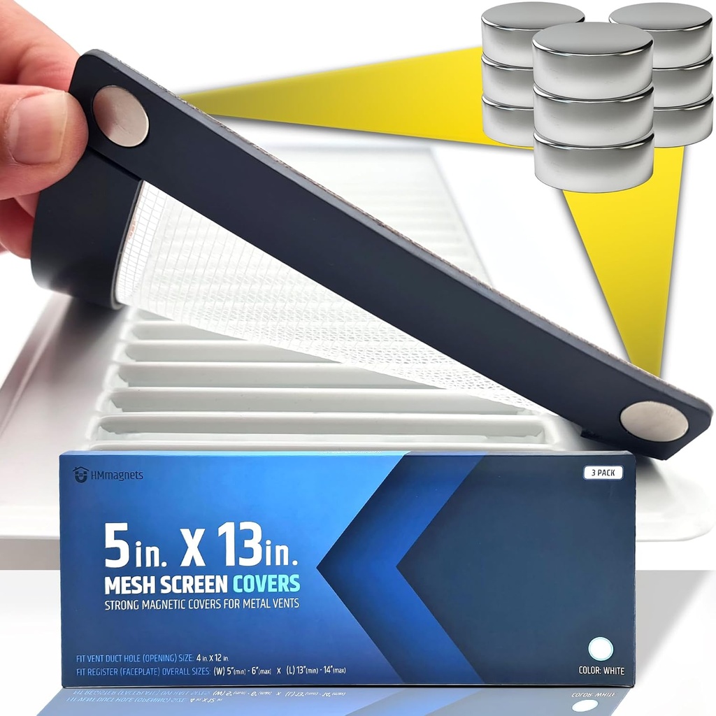 Powerful Magnetic Vent Screen Mesh Covers (3-Pack) That Will Never Move or Fall - for Floor, Wall & Ceiling Registers of Width 5" to 6", Length 13" to 14" - Super Strong Neodymium Magnets | White
