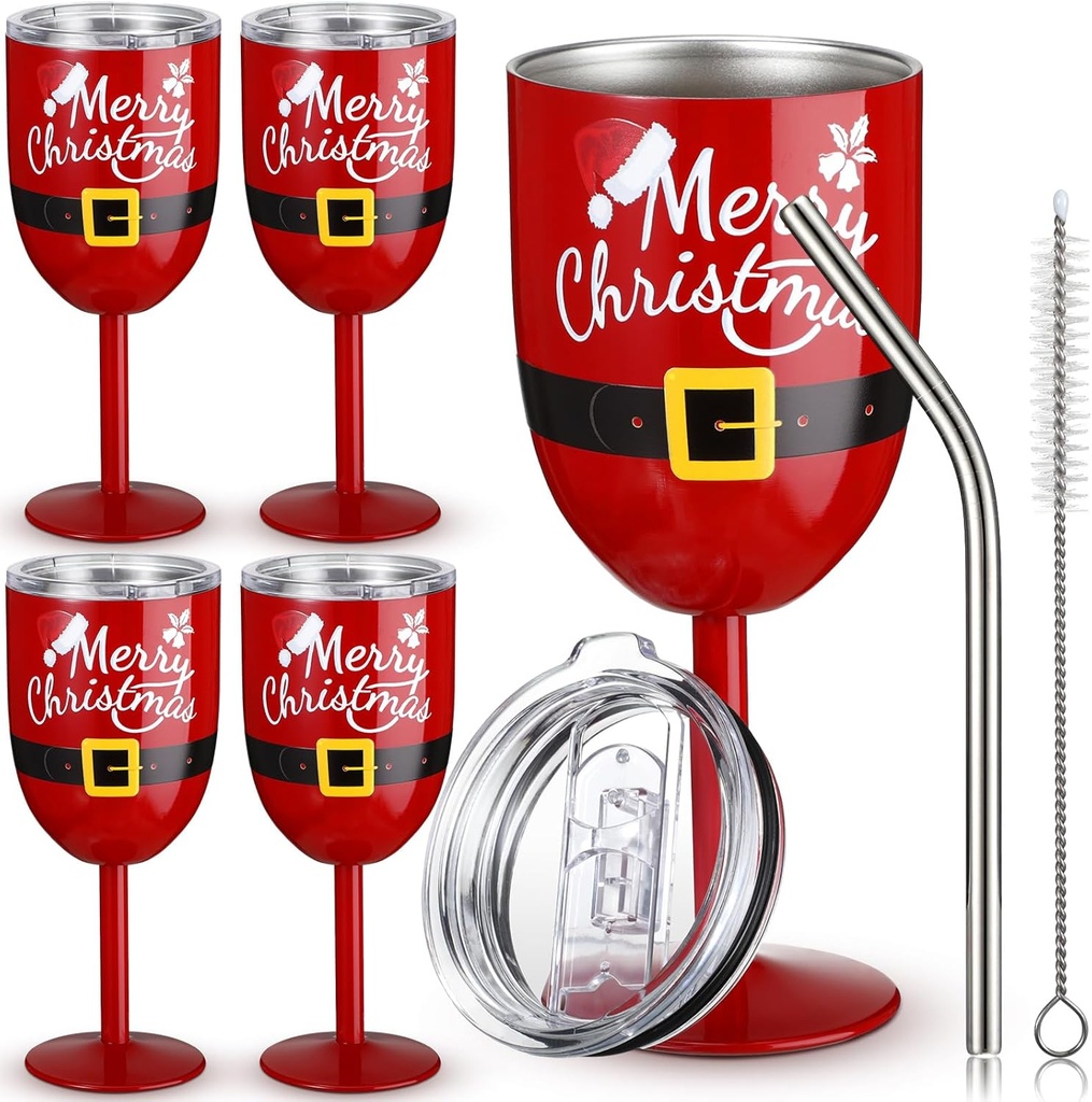 4 Pcs Christmas Stainless Steel Wine Glasses Cups with Lids Santa Belt Double Wall Insulated Unbreakable Goblets Insulated for Christmas Holiday Wedding Home Party Gift Supplies