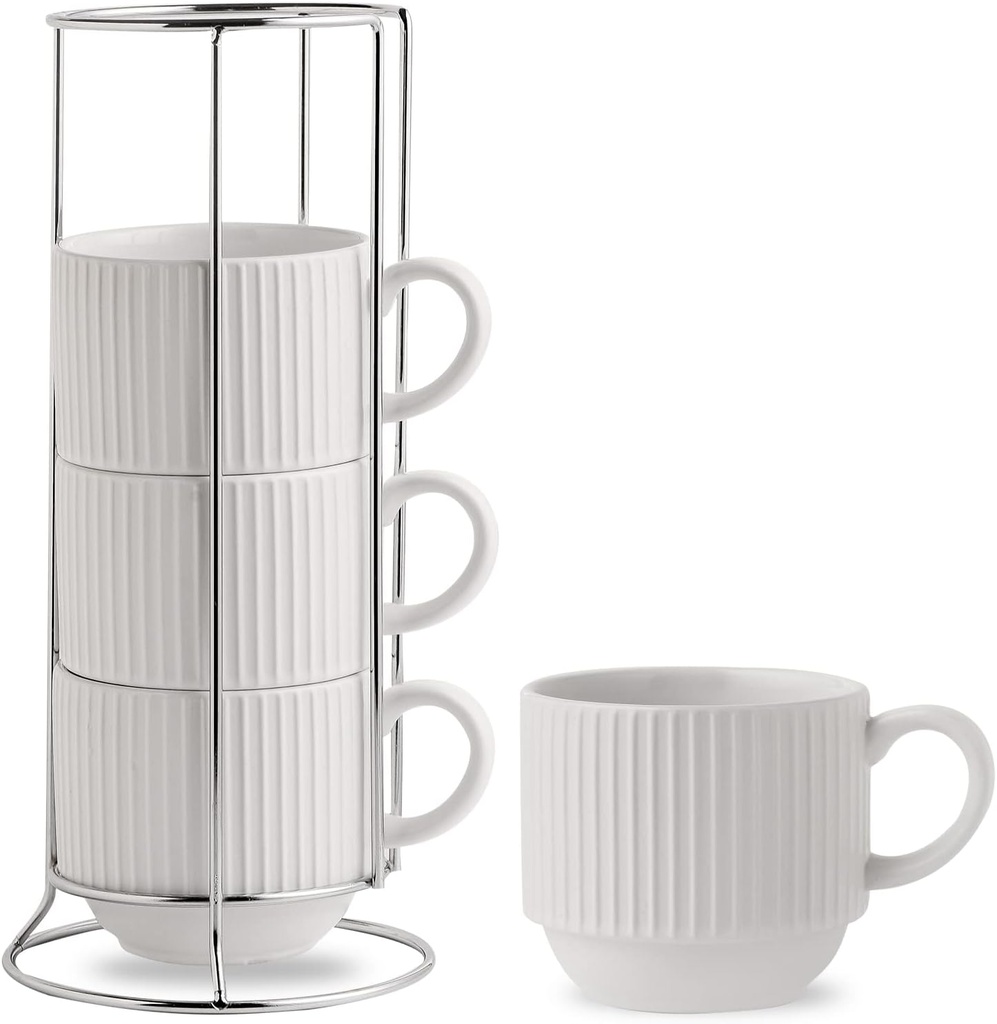 HASENSE Ceramic Coffee Mugs Set of 4 with Rack - 15 oz Stackable Large Porcelain Ribbed Latte Cup Set for Cappuccino, Tea, Hot Cocoa, Drinks - Dishwasher & Microwave Safe, White