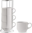 HASENSE Ceramic Coffee Mugs Set of 4 with Rack - 15 oz Stackable Large Porcelain Ribbed Latte Cup Set for Cappuccino, Tea, Hot Cocoa, Drinks - Dishwasher & Microwave Safe, White