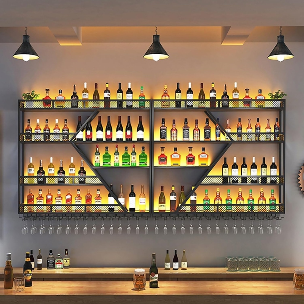 Industrial Wine Rack Wall Mounted with LED Lights and Wine Glass Holder - Large-Capacity Iron Wine Storage Display Rack for Bar Counter and Wine Cellar (Black)