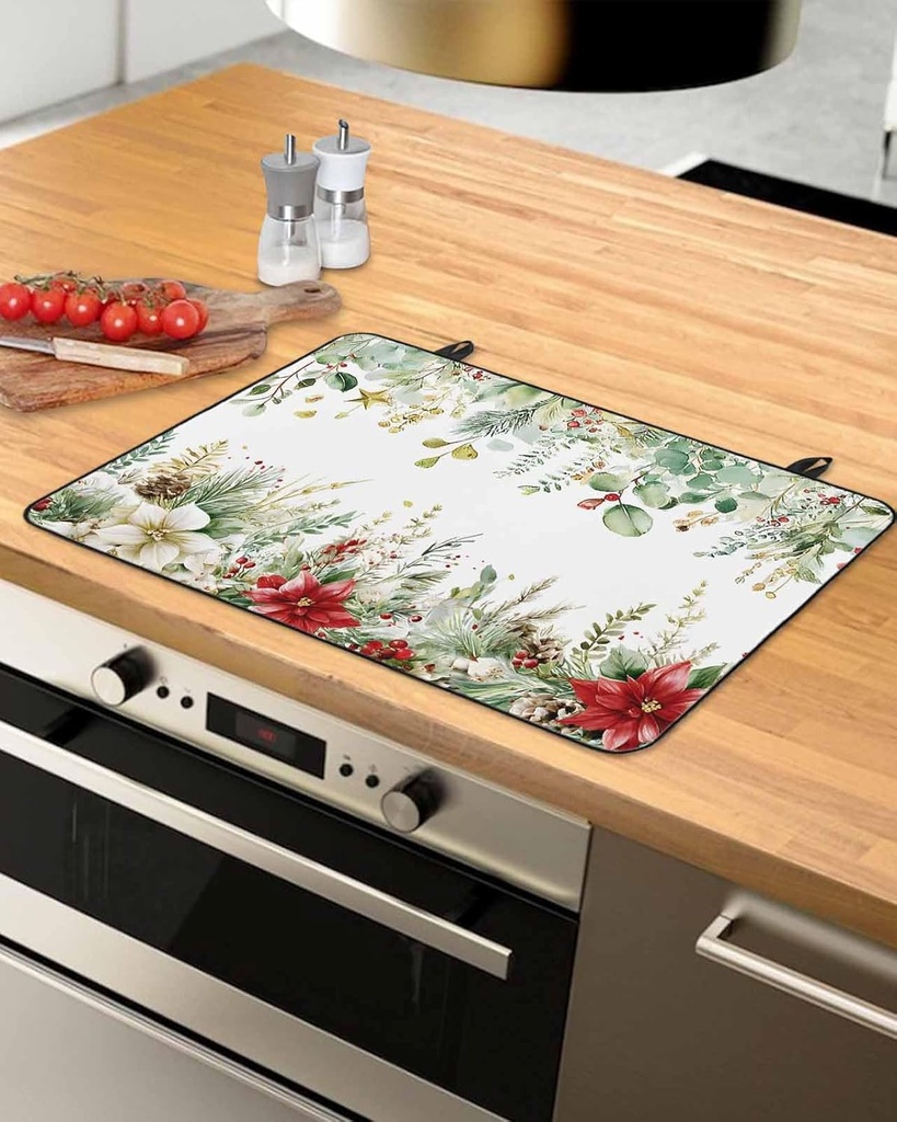 Christmas Countertop Burners Protection Mats for Kitchen, Eucalyptus Leaves Flowers Winter Rubber Stove Top Cover Mat, Heat Proof Mats Cooktop Cover for Counter Dish Drying Mat, 31"x24"