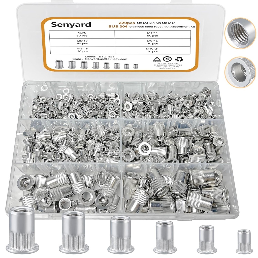 Rivet Nuts Assortment kit, 220 Pcs Stainless Steel Rivet Nuts kit, M3 M4 M5 M6 M8 M10 Stainless Rivet nut Metric rivnuts