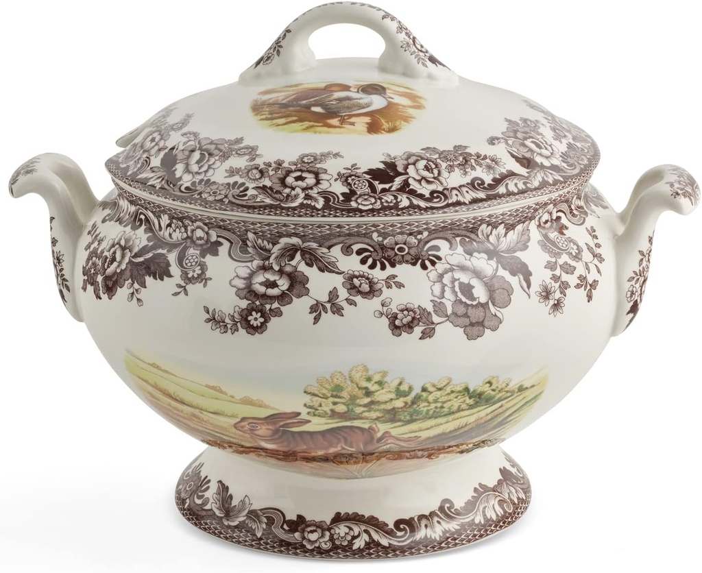 Spode Woodland 4.25 Qt Covered Soup Tureen - Rabbit, Quail & Pintail Duck Motifs, Fine Earthenware Oven-to-Table Serveware, Dishwasher & Microwave Safe Holiday Hosting Dish