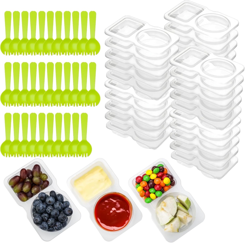 64 Pcs Reusable Snack Containers, 32 Sets Condiment Container and 32 Spoon, Double Compartment Dipping Containers with Lids, Portion Control, Outdoor Takeaway Sauce Dip Case, BPA-Free, Microwave Safe