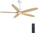 WINGBO 54 Inch Ceiling Fan without Light - 5 Carved Solid Wood Blades, 6-Speed Reversible DC Motor, Noiseless Remote Control Ceiling Fan No Light for Bedroom Living Room Kitchen, White and Oak