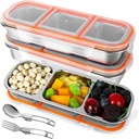 2 Pcs Stainless Steel Snack Containers for Adults, Reusable Metal Snack Box with Lids and Fork Spoon Set,Stainless Steel 2/3 Compartment Food Storage Containers for Home Work Travel