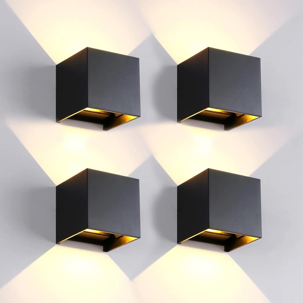 4 Pack Outdoor Wall Lights Exterior/Interior LED Wall Sconces IP65 Waterproof Square Aluminum Wall Lamps Outdoor Lighting Fixture Up and Down Lights Modern Black 12W 3000K Warm Lights