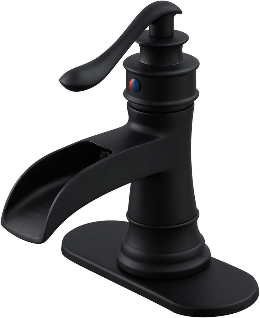 BWE Black Bathroom Faucet Matte Waterfall Sink Farmhouse Bath Vanity Single Hole Faucets One Handle Basin Antique centerset Restroom Mixer Tap Supply Line