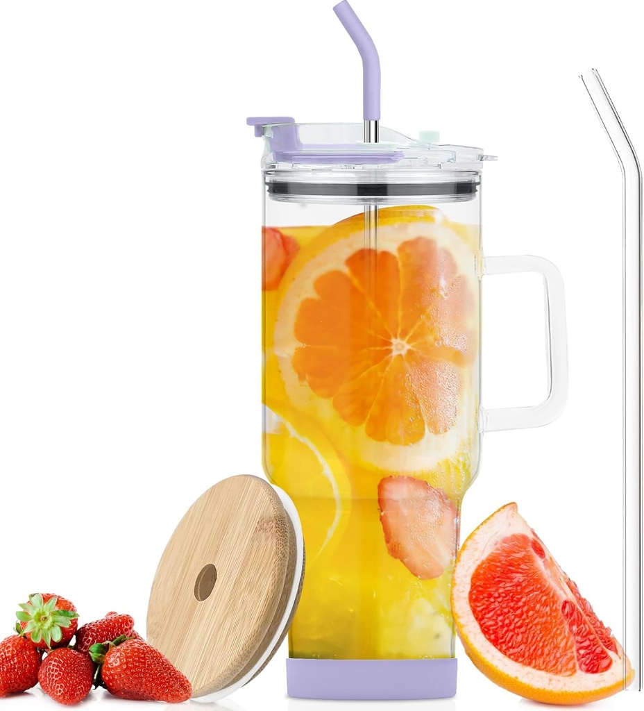 Glass Tumbler with Lid and Straws,40oz Glass Cup with Handle,Drinking Glasses with Silicone Coaster,Water Bottle,Smoothie Cups,Beer Cup,Ice Coffee Mug,Fits In Cup Holder(Purple)