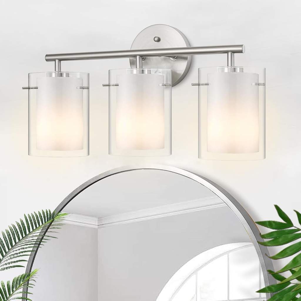 Brushed Nickel Bathroom Light Fixtures Over Mirror, 3-Light 20-Inch Vanity Lights with Dual Glass Shades, Eye-Friendly Modern Vanity Lights for Bathroom Bedroom Living Room Hallway