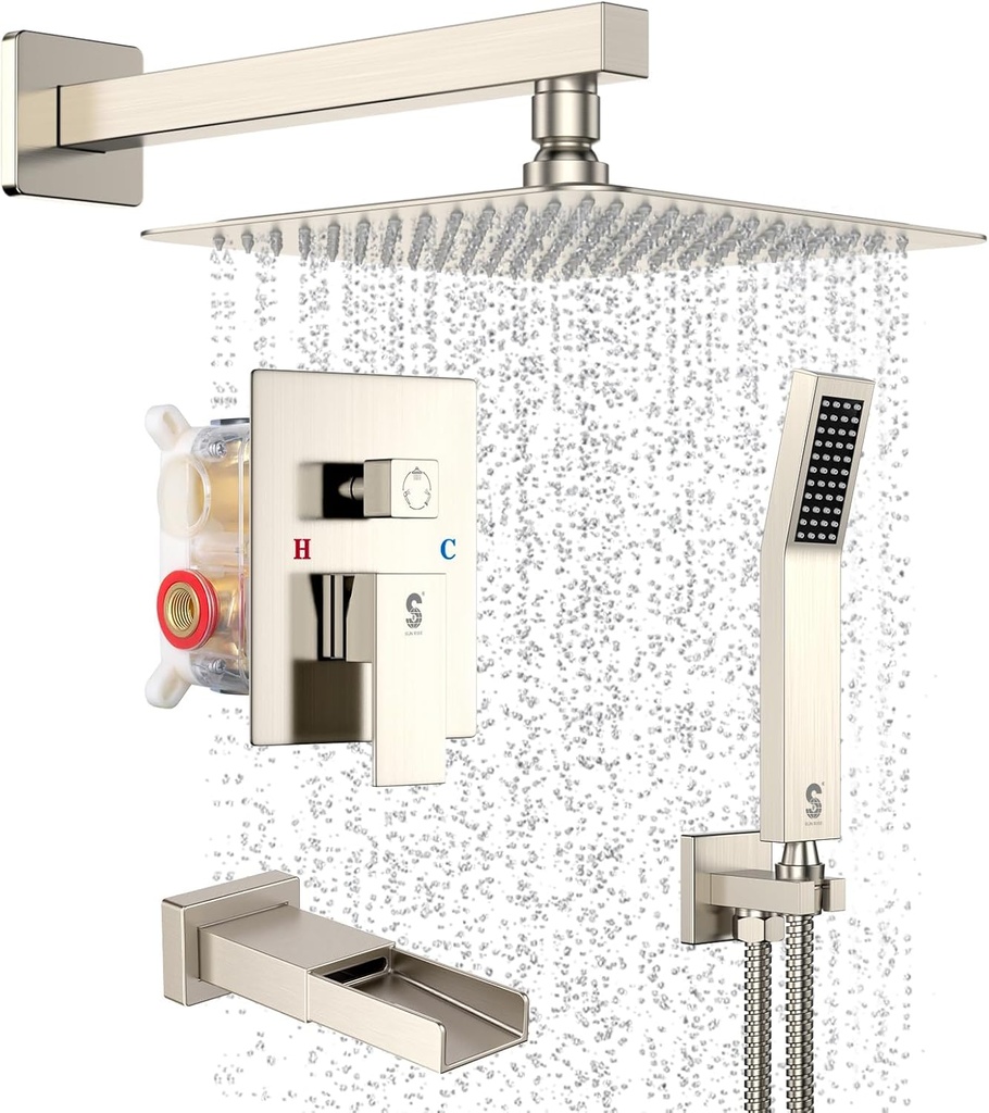 SR SUN RISE 12 Inches All Metal Shower System with Tub Spout Square Rain Shower Head and Handheld Combo Shower Fixtures, Bathtub Faucet Set, Shower Valve and Trim Kit, Brushed Nickel