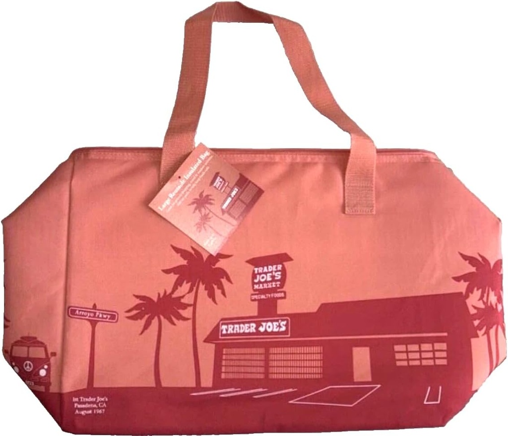 Large Trader Joe's Reusable Insulated Shopping Bag, peach, Grocery Cooler Tote with Palm Tree Design