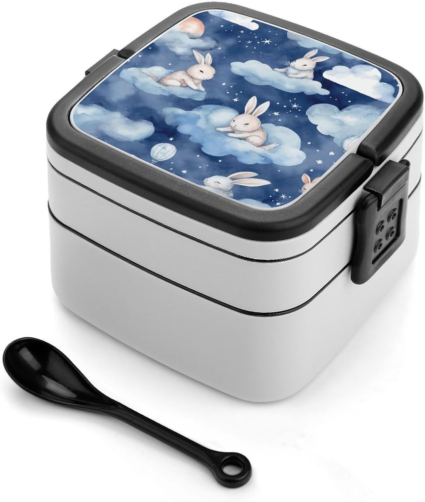 Cloud Style Pattern Bento Box with Compartments Double Layer Bento Lunch Box with Spoon And Handle All-in-One Adult Lunchbox Leakproof Lunch Container for Work Picnic Travel