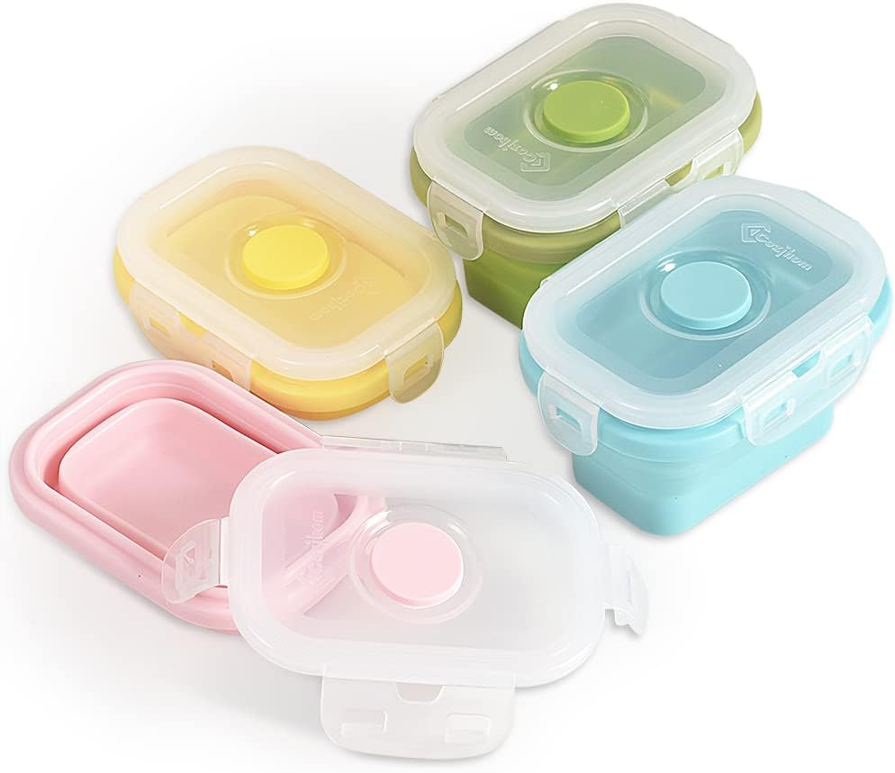 Collapsible Silicone Food Storage Container, Portion Control Container with Clip-on Lid, Stackable, Space Saving, Microwave/Fridge/Freezer/Dishwasher Safe, 5 Oz, Pack of 4