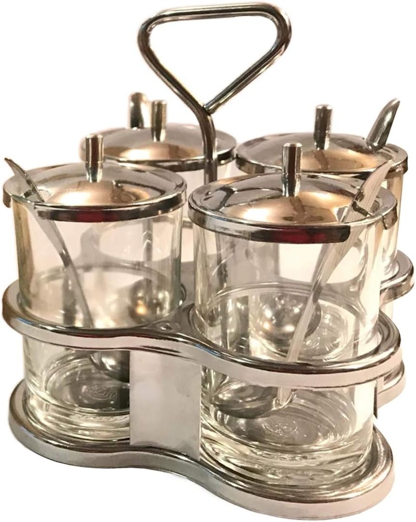 Condiment Holder Tray With 4 Jars and Spoons - Asian Dinnerware Style Server, Topping Dispenser, Seasoning Box for Table