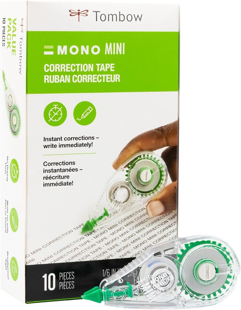 Tombow 68722 MONO Mini Correction Tape Easy to Use Applicator for Instant Corrections,Clear, 10-Pack